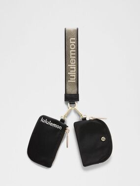 NWT Lululemon Black/Gold Dual Pouch Metallic Wordmark Wristlet Keychain Wallet